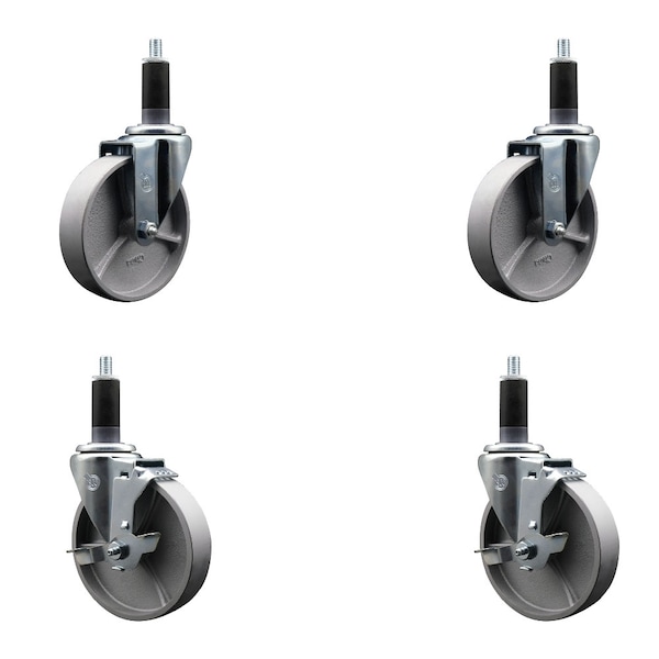 5'' Semi Steel Wheel Swivel 1-1/8'' Expanding Stem Caster Set 2 Brakes, 4PK
